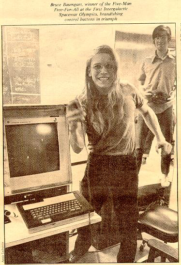 Bruce Baumgart, winner of the five-player free-for-all at the 1972 Intergalactic Spacewar Olympics, at a terminal