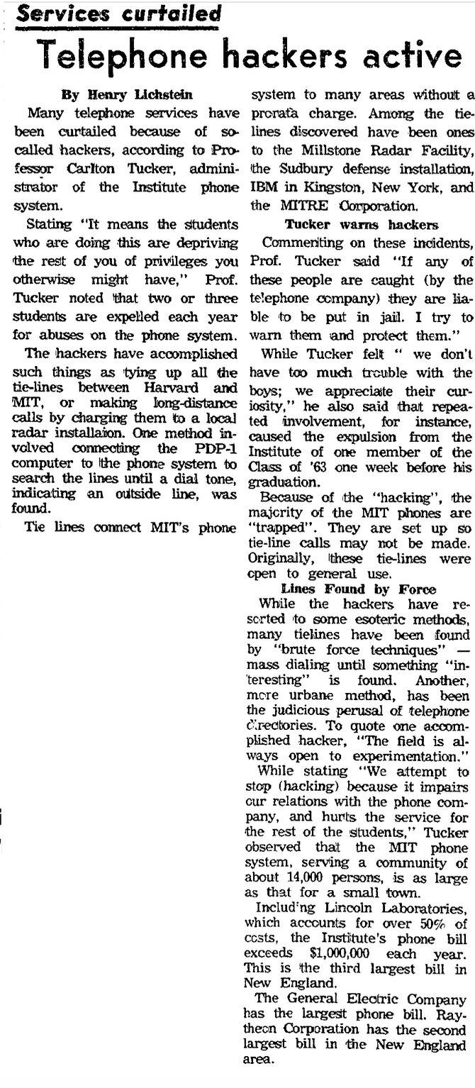 An article headed 'Hackers' in The Tech, MIT's student newspaper, 20 November 1963.