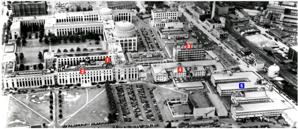 Map of the MIT campus marking the buildings put up for the wartime Radiation Laboratory between 1940 and 1943, including Building 20 and Building 24.