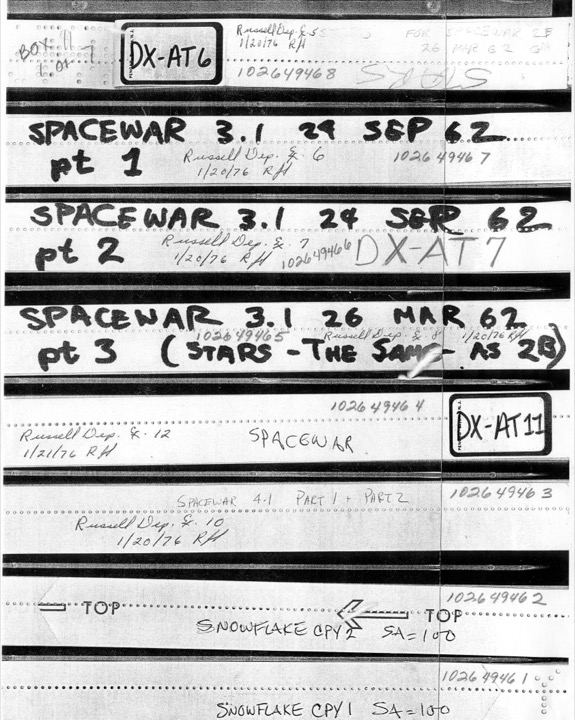 Reels of punched paper tape labelled Spacewar!