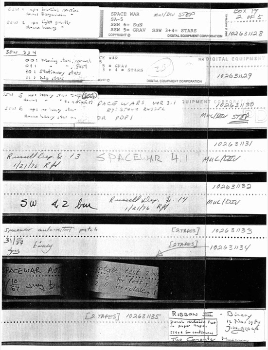 A boxed reel of Spacewar! paper tape.