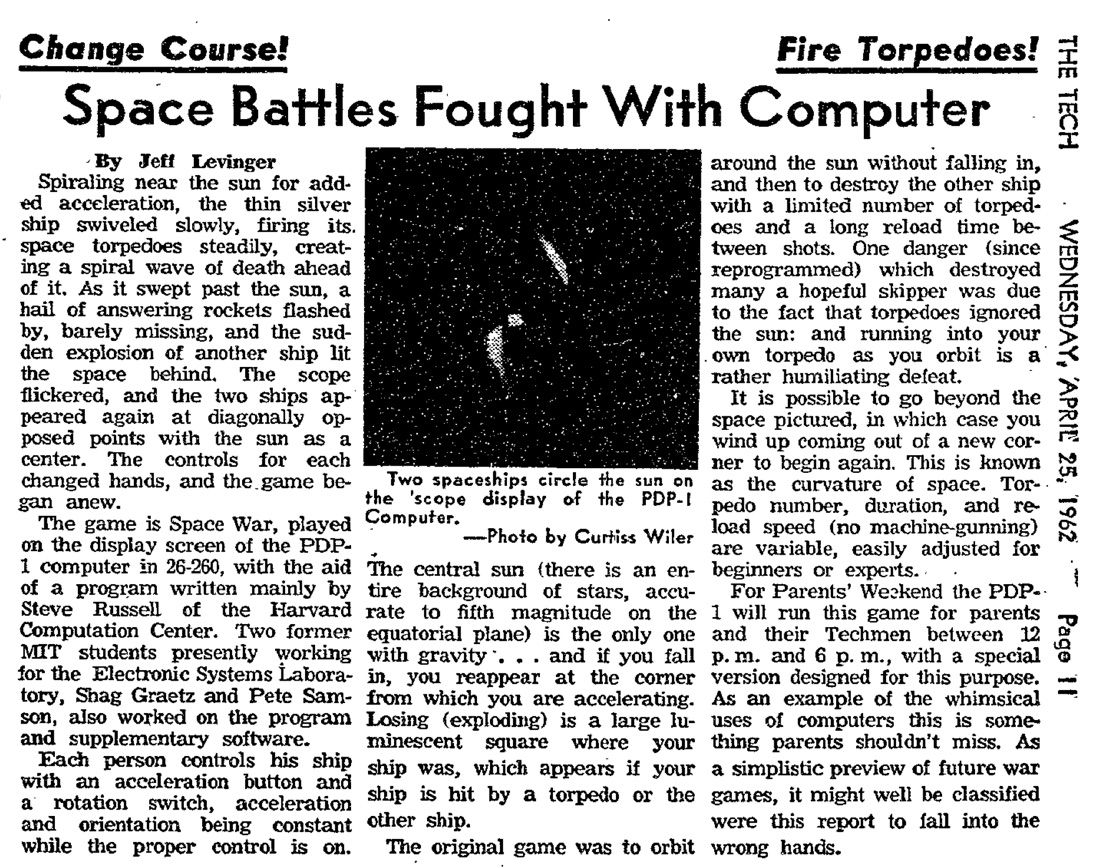 A 1962 MIT student-newspaper article headlined 'Space Battles Fought With Computer', with a photograph of two spaceships circling the sun on the PDP-1 display.